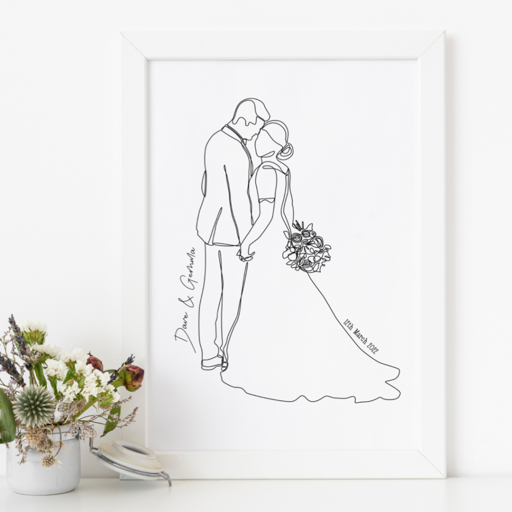 Bride and Groom line art wedding day illustration print – Ryan The ...